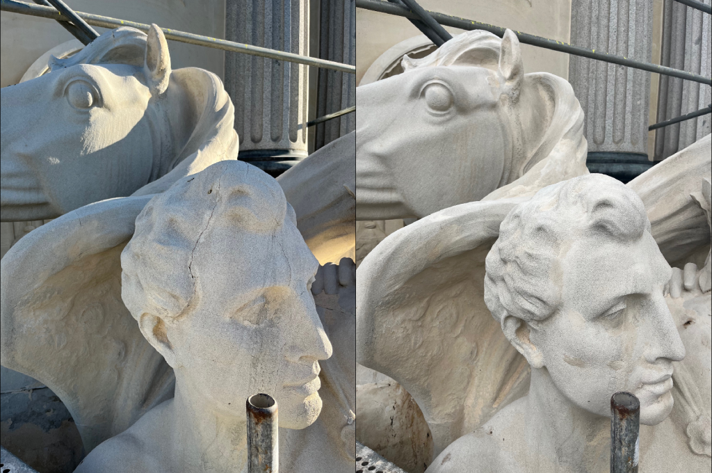 escultura blanca de una cara y un caballo